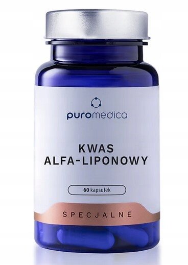 Na obrazie widoczna jest niebieska butelka z białą etykietą, na której znajduje się tekst: \'puromedica KWAS ALFA-LIPONOWY 60 kapsułek SPECJALNE\'.