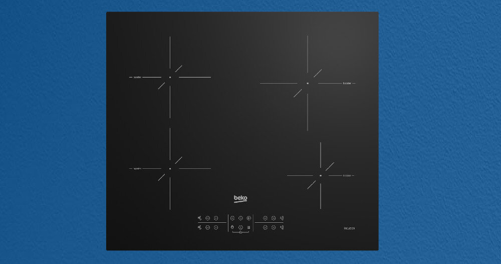 Czarna płyta indukcyjna z czterema strefami grzewczymi oznaczonymi krzyżykami. Na środku widoczne jest logo \'beko\' oraz panel dotykowy z ikonami sterowania.