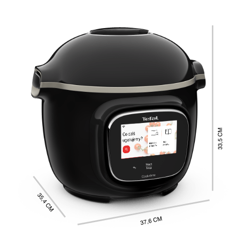 Czarny multicooker z wyświetlaczem dotykowym, na którym widoczny jest tekst: \'Tefal\', \'Co dziś ugotujemy?\', oraz ikony aplikacji. Urządzenie ma zaokrąglony kształt i srebrne akcenty.