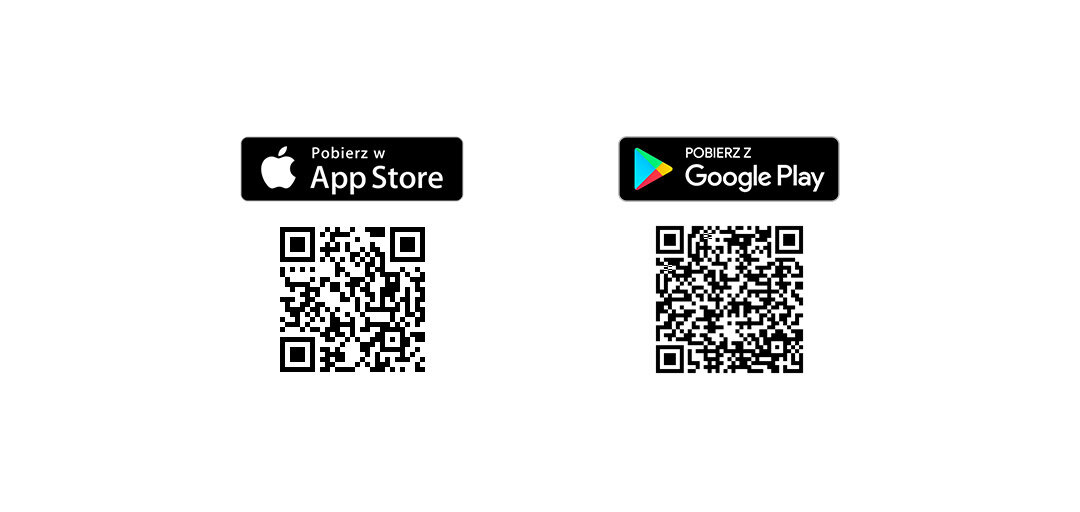 Obraz przedstawia dwa kody QR. Nad lewym kodem znajduje się napis \'Pobierz w App Store\', a nad prawym \'POBIERZ Z Google Play\'.