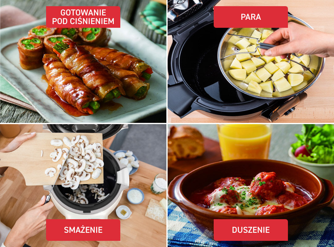 Obraz przedstawia cztery różne sposoby gotowania: gotowanie pod ciśnieniem, parowanie, smażenie i duszenie, z odpowiednimi potrawami i podpisami. Widoczne są dania takie jak roladki mięsne, ziemniaki na parze, pieczarki oraz danie mięsne w sosie.