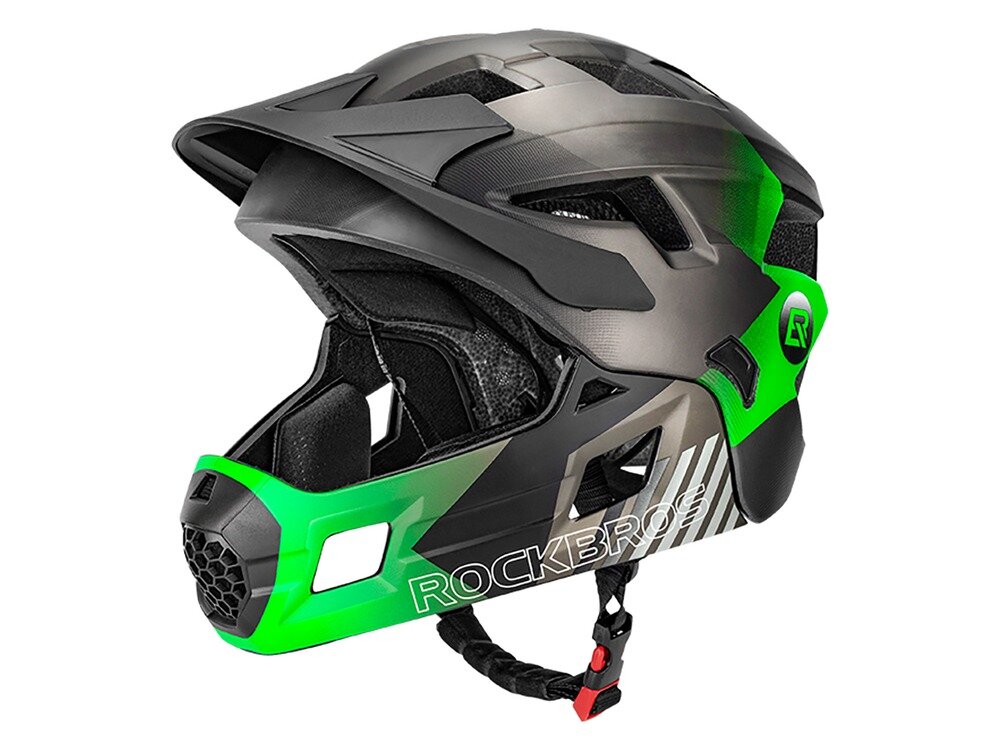 Kask rowerowy w kolorze zielonym i czarnym z odkręcaną szczęką, posiada napis \'ROCKBROS\'.