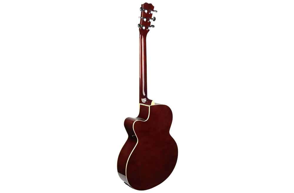 Gitara elektroakustyczna w kolorze ciemnoczerwonym z widocznym tyłem i bokiem korpusu. Instrument ma błyszczące wykończenie i metalowe klucze do strojenia na główce.