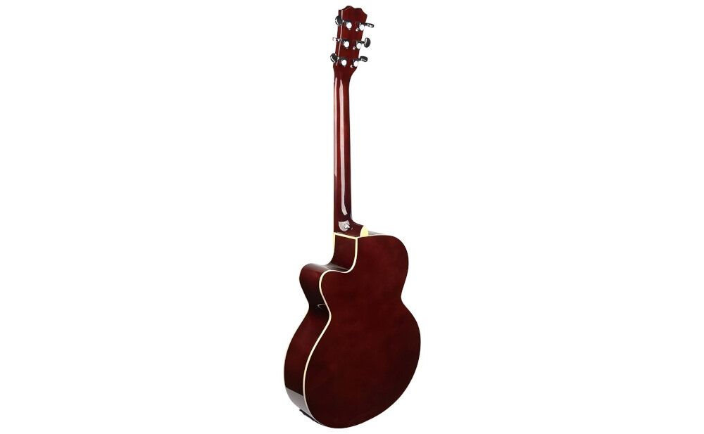 Gitara elektroakustyczna w kolorze ciemnoczerwonym z widocznym tyłem i bokiem korpusu. Instrument ma błyszczące wykończenie i jasne obramowanie.