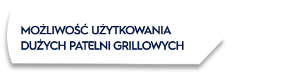 Grafika przedstawia biały napis na ciemnym tle: \'MOŻLIWOŚĆ UŻYTKOWANIA DUŻYCH PATELNI GRILLOWYCH\'.