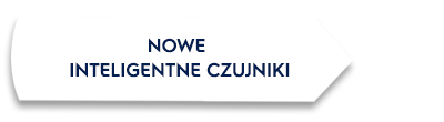 Biały prostokąt z tekstem \'NOWE INTELIGENTNE CZUJNIKI\' w kolorze czarnym.