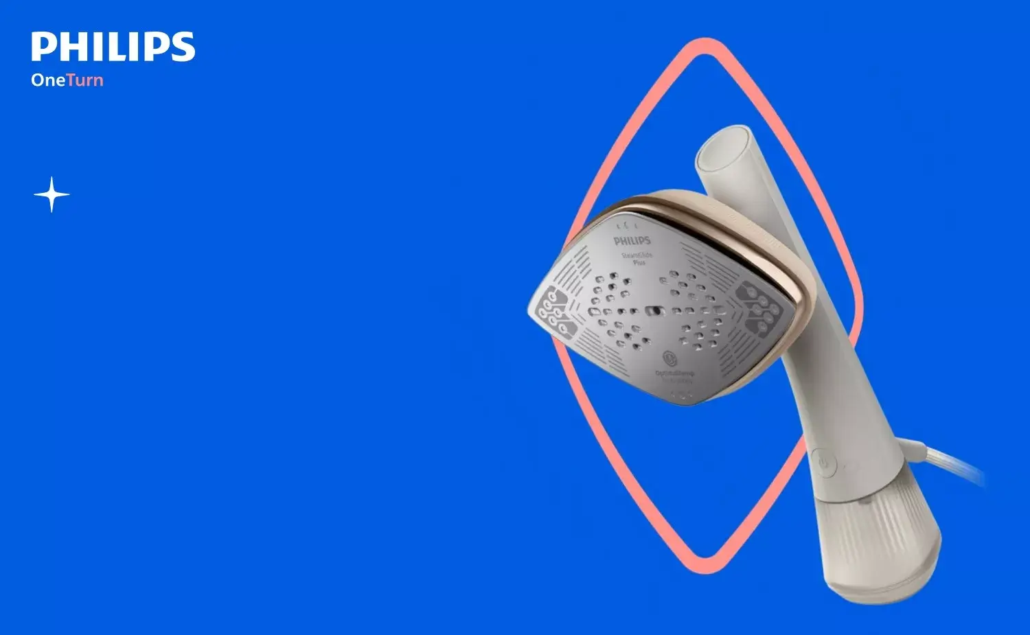 Na niebieskim tle znajduje się parownica do ubrań z widoczną stopą grzewczą z otworami. W lewym górnym rogu widnieje logo \'PHILIPS OneTurn\'.