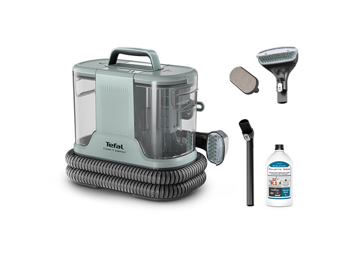 Odkurzacz piorący w kolorze szarym z widocznym logo \'Tefal Clean It Compact\', otoczony akcesoriami: szczotką, filtrem, wąską dyszą i butelką płynu czyszczącego.