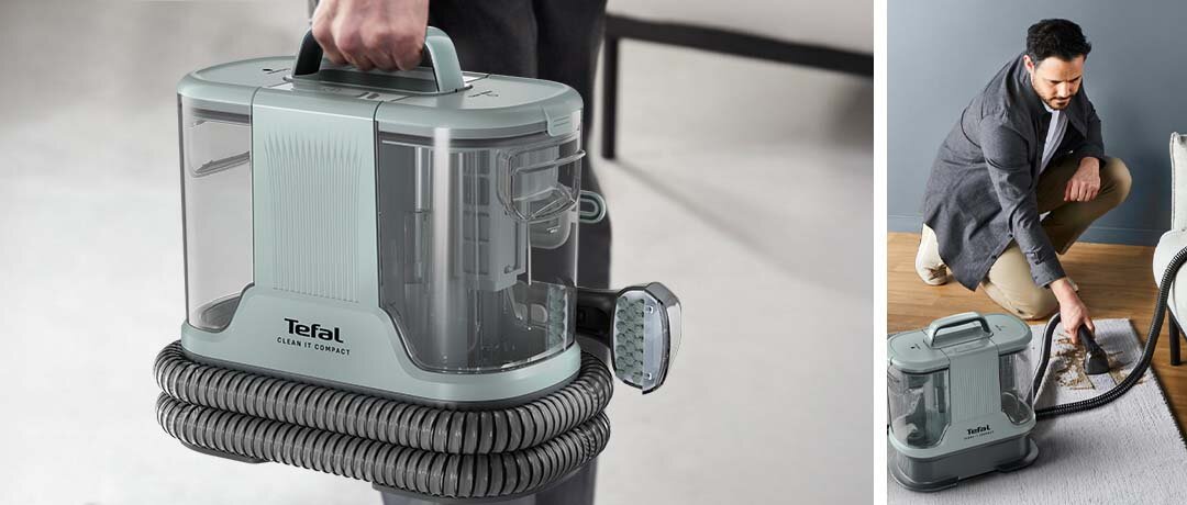 Na obrazie widoczny jest odkurzacz piorący z napisem \'Tefal Clean It Compact\', z elastycznym wężem owiniętym wokół urządzenia. Obok osoba używa odkurzacza do czyszczenia dywanu.