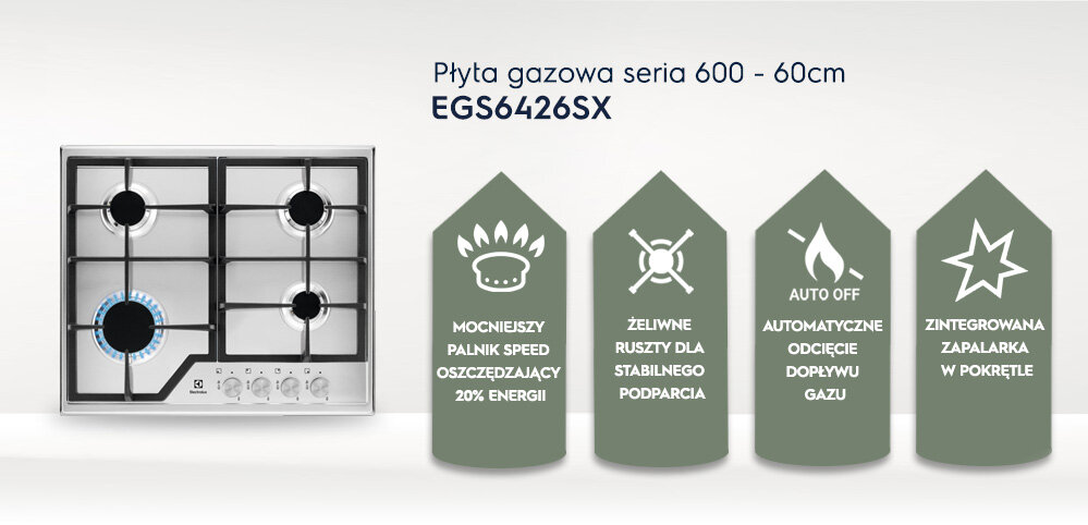 Obraz przedstawia płytę gazową z czterema palnikami i pokrętłami sterującymi. Obok znajdują się cztery ikony z tekstami: \'Mocniejszy palnik speed oszczędzający 20% energii\', \'Żeliwne ruszty dla stabilnego podparcia\', \'Auto off automatyczne odcięcie dopływu gazu\', \'Zintegrowana zapalarka w pokrętle\'.
