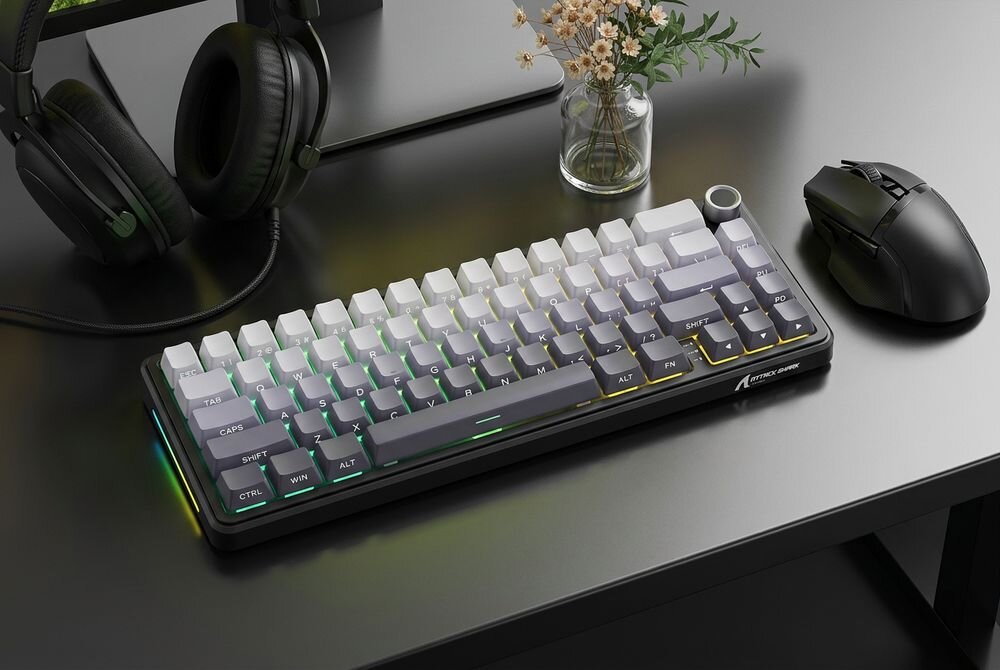 Na biurku znajduje się klawiatura z podświetleniem RGB, obok której leży myszka i słuchawki. W tle widoczny jest mały wazon z suszonymi kwiatami.