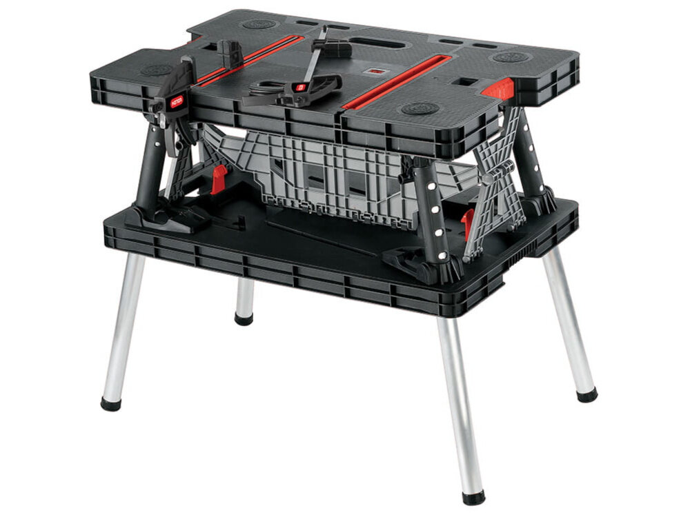 Stół warsztatowy składany KETER Folding Work Table 453 kg stół na białym tle konstrukcja o nośności do 453 kg praca z ciężkimi materiałami i narzędziami blat o wymiarach 550 × 840 mm odpowiednia przestrzeń do pracy
