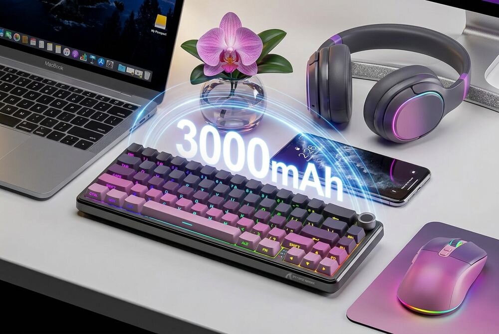 Na biurku znajduje się klawiatura z podświetleniem RGB, obok której widnieje napis \'3000mAh\'. W tle widać laptopa, słuchawki, smartfon oraz myszkę, a także wazon z kwiatem.