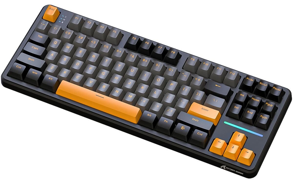 ATTACK SHARK X87 ATTACK SHARK X87 mechaniczna klawiatura gamingowa TKL Liniowe przełączniki Blueberry częstotliwość próbkowania do 8000 Hz Trzy tryby łączności: 2,4 GHz, Bluetooth 5.0 i USB-C podświetlenie RGB akumulator 4000 mAh - klawiatura z pomarańczowymi klawiszami akcentującymi i świecącym paskiem LED pod blakiem nawigacyjnym