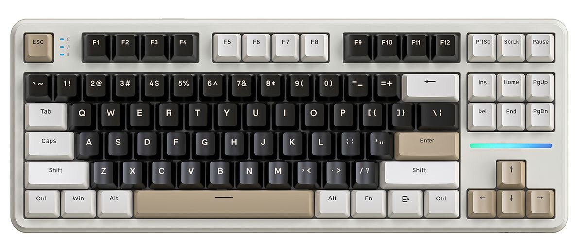 ATTACK SHARK X87 ATTACK SHARK X87 367,5 × 140,9 × 43,3 mm 780 g Układ TKL z 87 klawiszami nie obejmuje osobnego bloku numerycznego Mechaniczna konstrukcja, podświetlenie RGB i trzy tryby łączności grania i codziennej pracy - klawiatura widoczna bezpośrednio z góry na białym tle