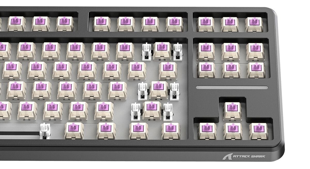 ATTACK SHARK X87 Liniowe przełączniki Blueberry płynnym ruchem podczas naciskania klawiszy, bez wyczuwalnego skoku fabrycznie nasmarowane Mechanizm liniowy - Wnętrze obudowy klawiatury bez nakładek na klawisze, ukazujące odsłonięte przełączniki z fioletowym trzpieniem