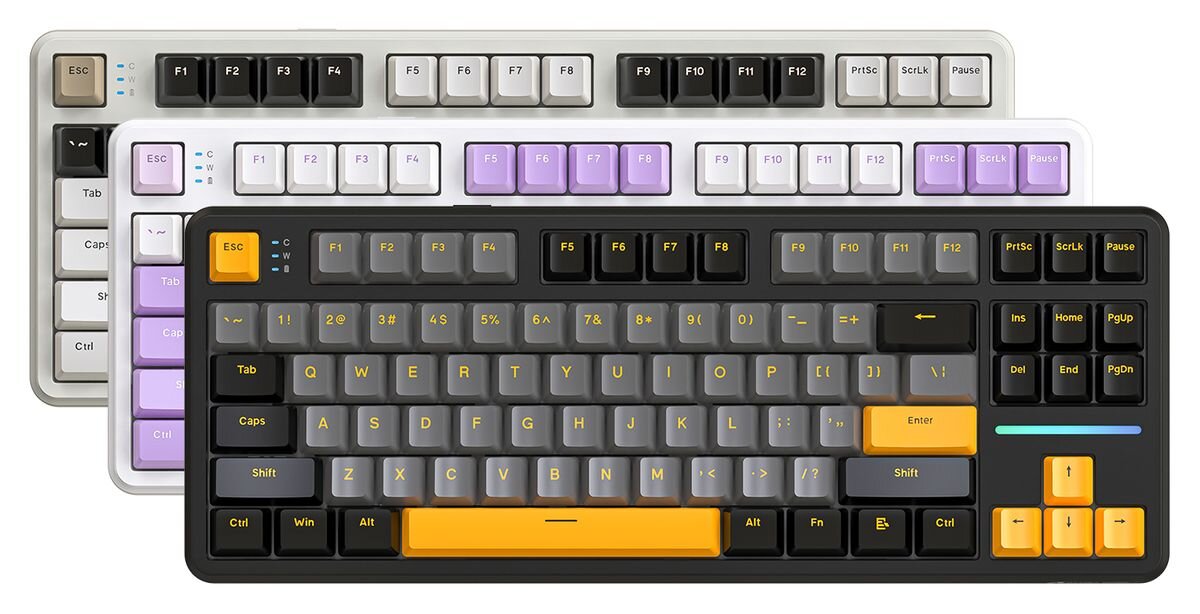 ATTACK SHARK X87 ATTACK SHARK X87 częstotliwość próbkowania do 8000 Hz 0,125 ms Wysoka częstotliwość odświeżania danych mechaniczne przełączniki responsywnym sterowaniu - Trzy wersje kolorystyczne klawiatury zaprezentowane kaskadowo