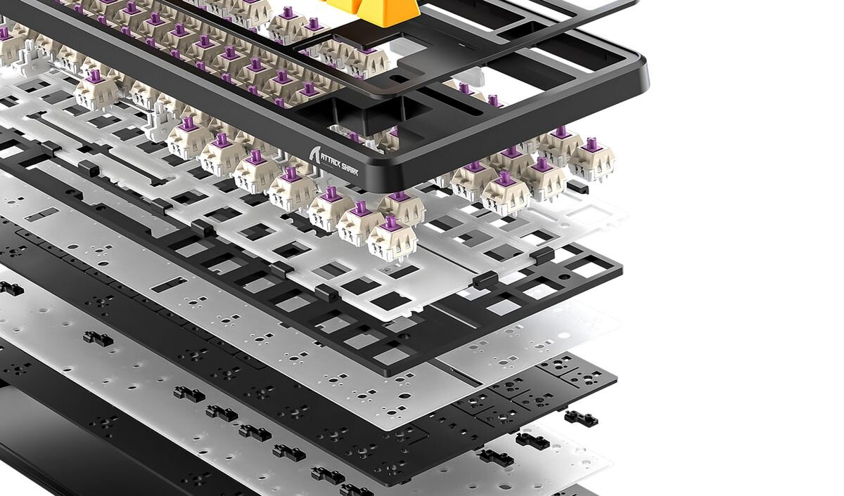 ATTACK SHARK X87 konstrukcję gasket-mount elastyczne elementy montażowe system pięciu warstw wygłuszających drgania oraz rezonans akustykę klawiatury dźwięk towarzyszący pisaniu - Schemat konstrukcji klawiatury pokazujący układ poszczególnych warstw, przełączników oraz płyty montażowej.