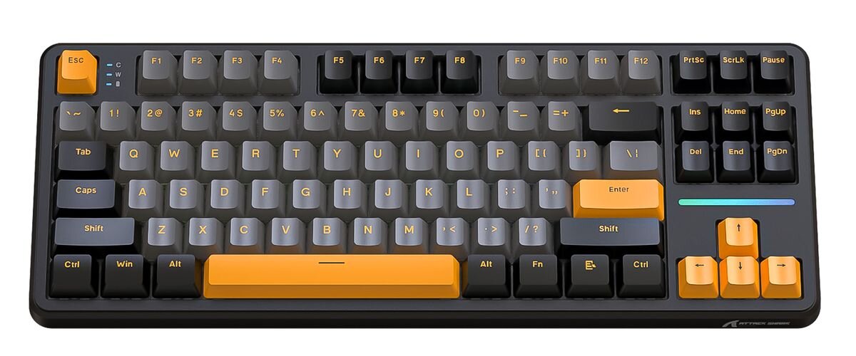ATTACK SHARK X87 Wbudowany akumulator litowo-jonowy o pojemności 4000 mAh bez stałego podłączenia przewodu połączenia przewodowego USB-C przewód USB-A/USB-C o długości 150 cm w trybie bezprzewodowym oraz przewodowym - Widok z góry na klawiaturę