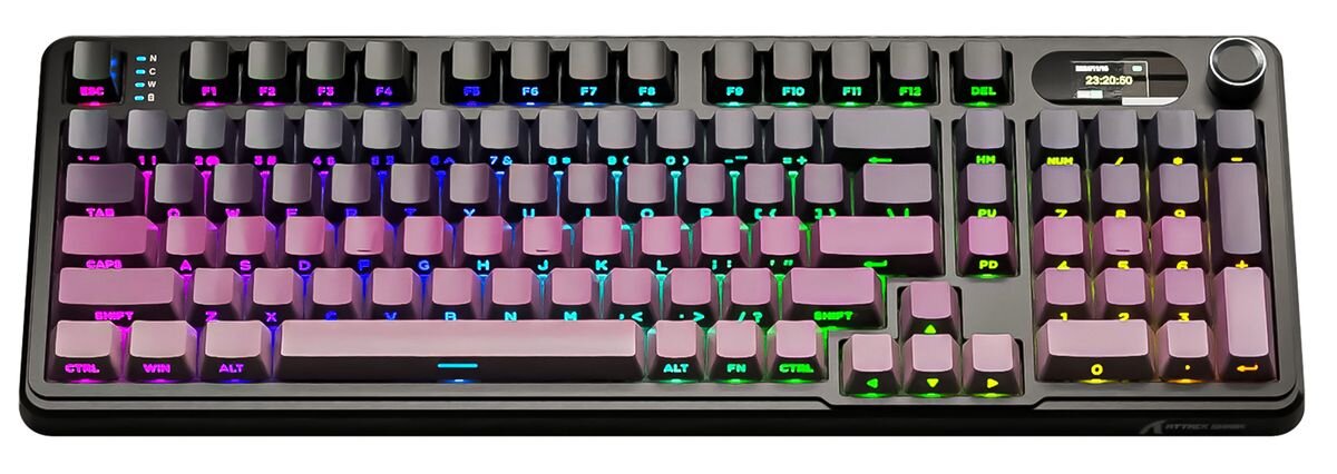 Klawiatura mechaniczna z podświetleniem RGB, posiadająca klawisze funkcyjne i wyświetlacz w prawym górnym rogu z godziną 23:20:20. Obudowa jest w kolorze czarno-białym z logo \'ATTACK SHARK\' w dolnym rogu.