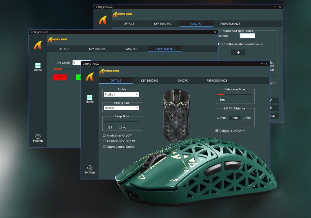 ATTACK SHARK R5 ATTACK SHARK R5 Ultra sterownika internetowego w przeglądarce konfigurację ustawień szybkie programowanie makr - Urządzenie z wyciętym wzorem zaprezentowane na tle otwartego okna interfejsu