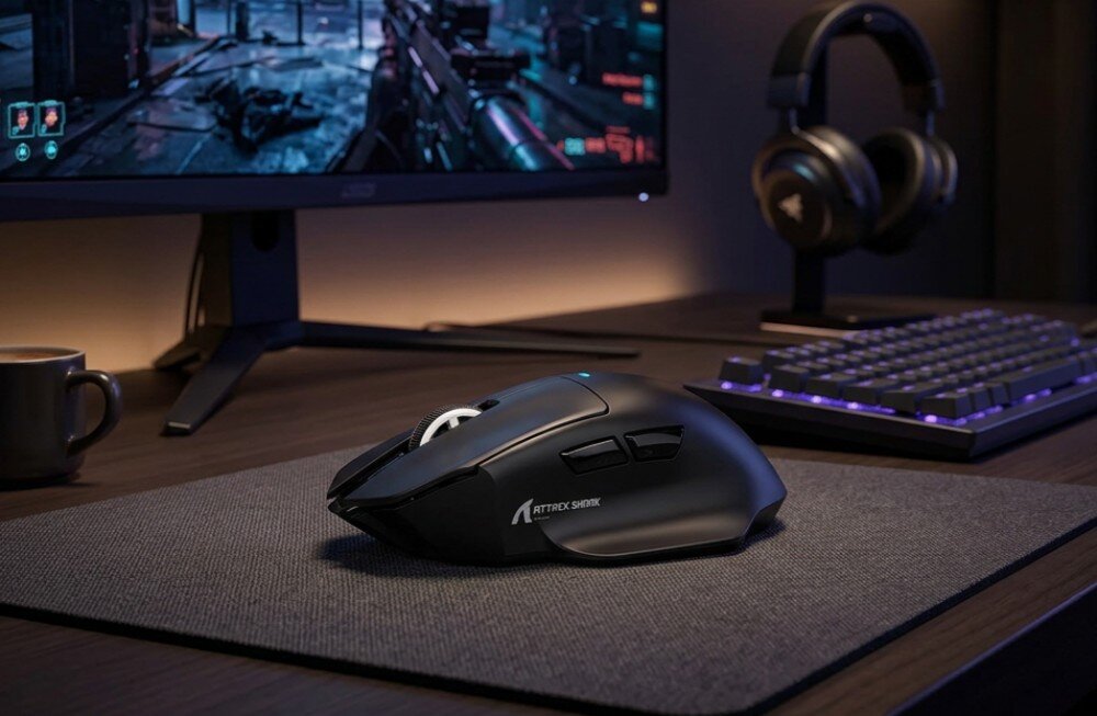Mysz ATTACK SHARK V6 Bezprzewodowa mysz na szarej podkładce, widoczny bok z logo 'ATTACK SHARK'. Tło to stanowisko gamingowe z monitorem wyświetlającym grę, słuchawkami i klawiaturą