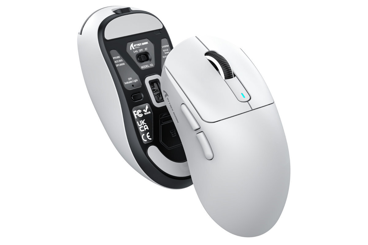 Mysz ATTACK SHARK X3 Pro Łączność radiowa 2.4 GHz, Bluetooth oraz przewodowe połączenie USB-C przewód USB-C/USB-A - mysz pionowo od spodu i góry