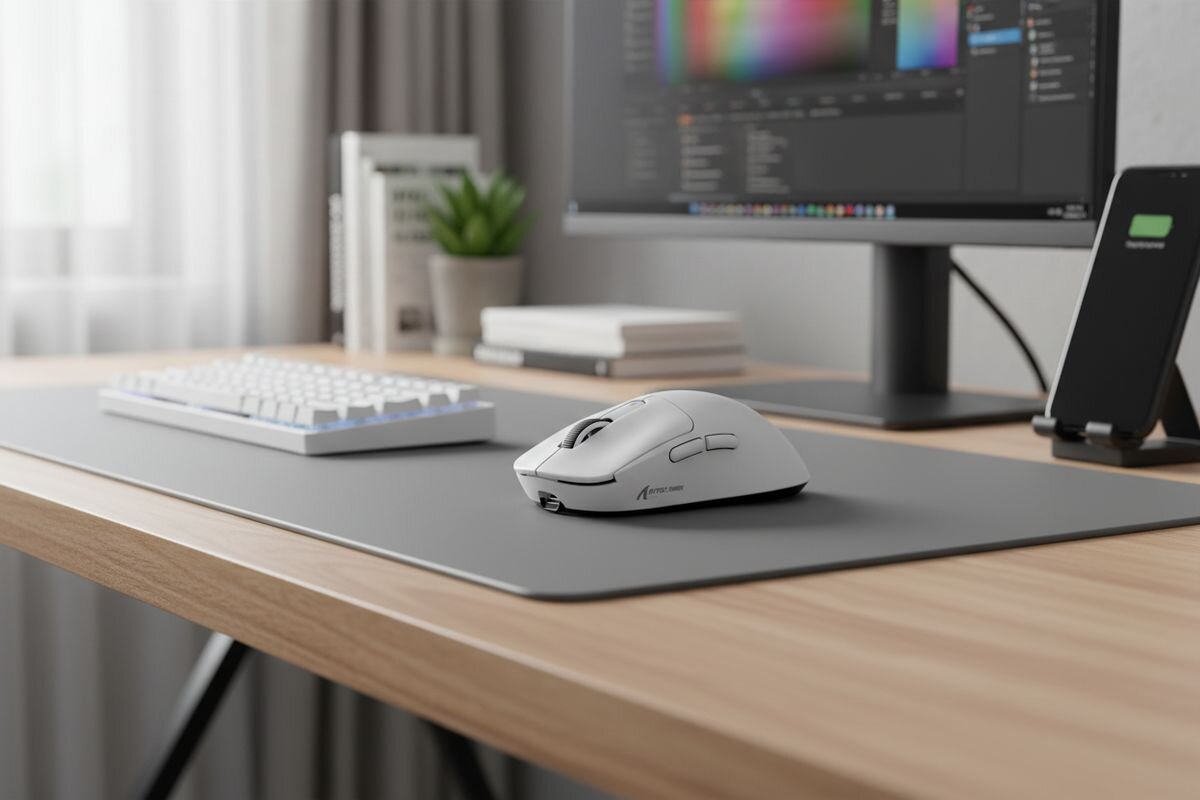 Mysz ATTACK SHARK X3 Pro sensor optyczny PixArt PAW3395 regulowanej w rozdzielczości do 26 000 DPI Częstotliwość raportowania 1000 Hz - mysz na biurku przed monitorem