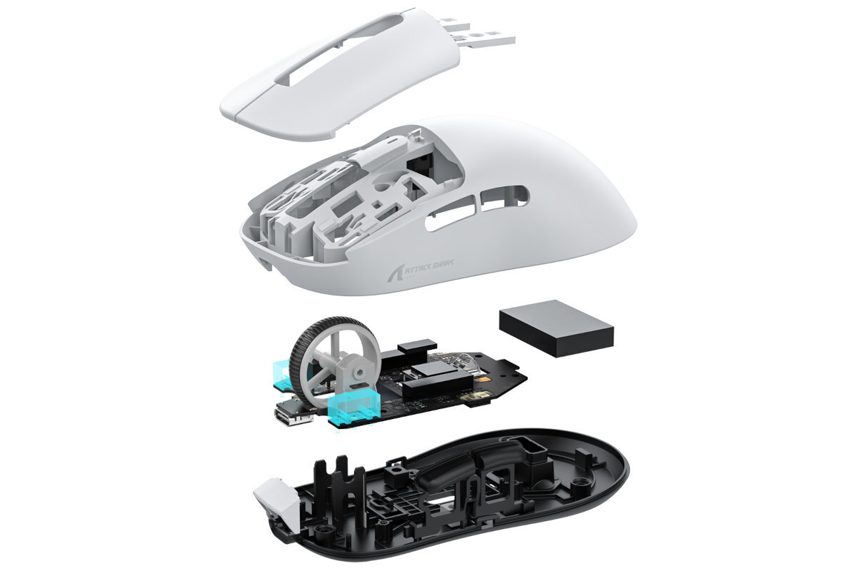 Mysz ATTACK SHARK X3 Pro Mechaniczne przełączniki Kailh GM 8.0 Enkoder kółka TTC trwałych przełączników precyzyjnego enkodera 80 milionów kliknięć - mysz rozłożona na części na białym tle