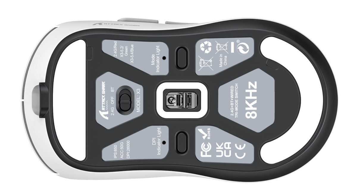 Mysz ATTACK SHARK X3 Pro akumulator 300 mAh 200 godzin na jednym ładowaniu - mysz od spodu