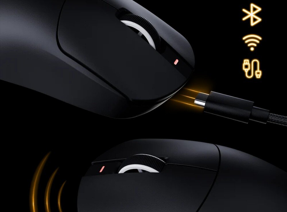 Mysz ATTACK SHARK X8 SE Ujęcia myszy komputerowej z widocznymi ikonami łączności Bluetooth, bezprzewodowej i przewodowej oraz podłączanym kablem USB-C