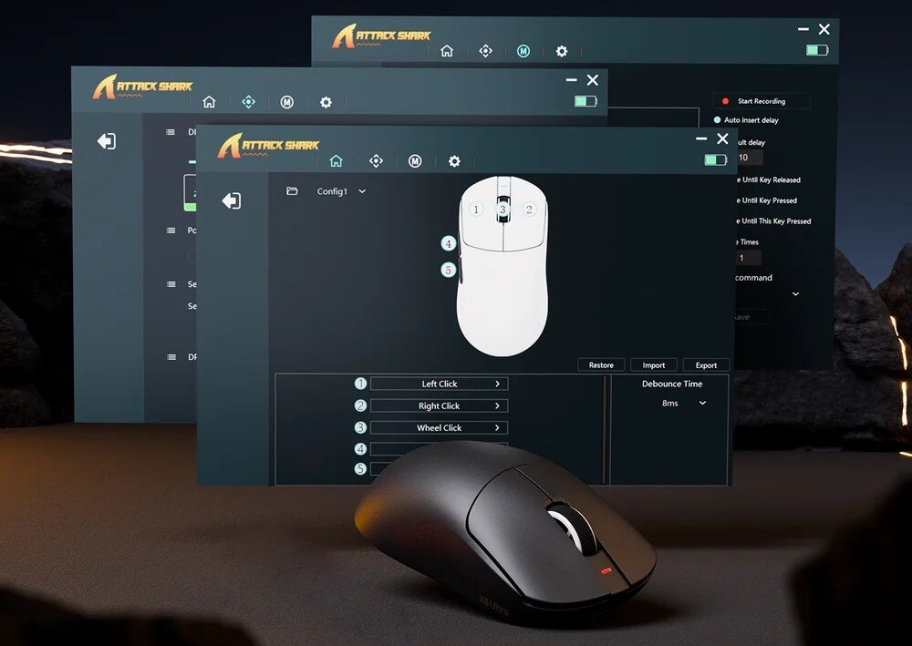 Mysz ATTACK SHARK X8 SE Mysz komputerowa stojąca na ciemnym tle przed kilkoma oknami oprogramowania do konfiguracji przycisków