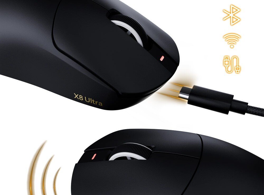 Mysz ATTACK SHARK X8 Ultimate Mysz komputerowa z podłączanym kablem USB-C oraz ikonami symbolizującymi połączenie Bluetooth, radiowe i przewodowe