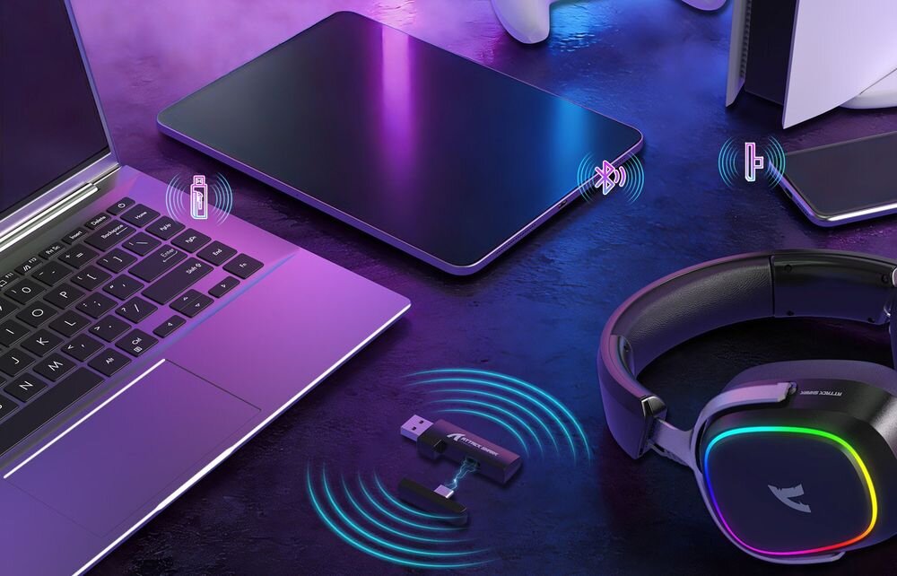 Attack Shark G800 słuchawki gamingowe, 2.4 GHz, Bluetooth, jack 3,5 mm, nadajnik USB-A USB-C, PlayStation 4 5, słuchawki z laptopem, tabletem, smartfonem oraz konsolą na blacie