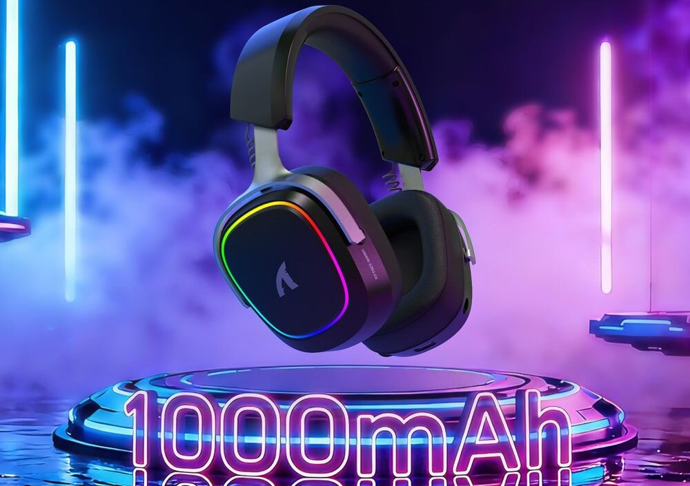 Attack Shark G800 słuchawki gamingowe, bateria 1000 mAh, bezprzewodowe zasilanie, podświetlenie LED RGB, kontrola baterii, słuchawki lewitujące na platformą, napis 1000 mAh
