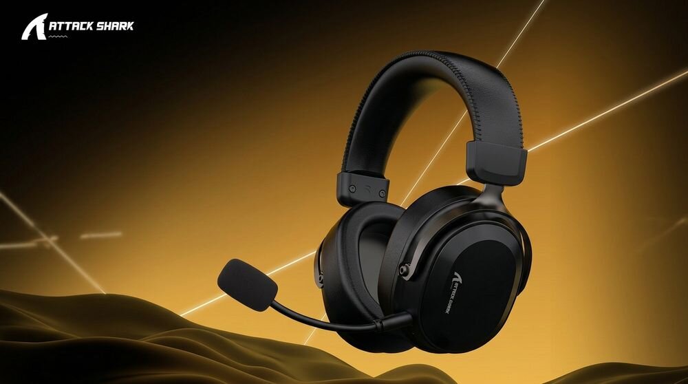 Słuchawki ATTACK SHARK L30 Pro Black – bezprzewodowe słuchawki gamingowe, 2,4 GHz, Bluetooth, jack 3,5 mm, słuchawki na czarno złotym tle