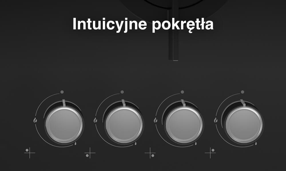 Obraz przedstawia cztery pokrętła na ciemnym tle z napisem \'Intuicyjne pokrętła\' powyżej. Pokrętła mają oznaczenia wskazujące kierunek obrotu.