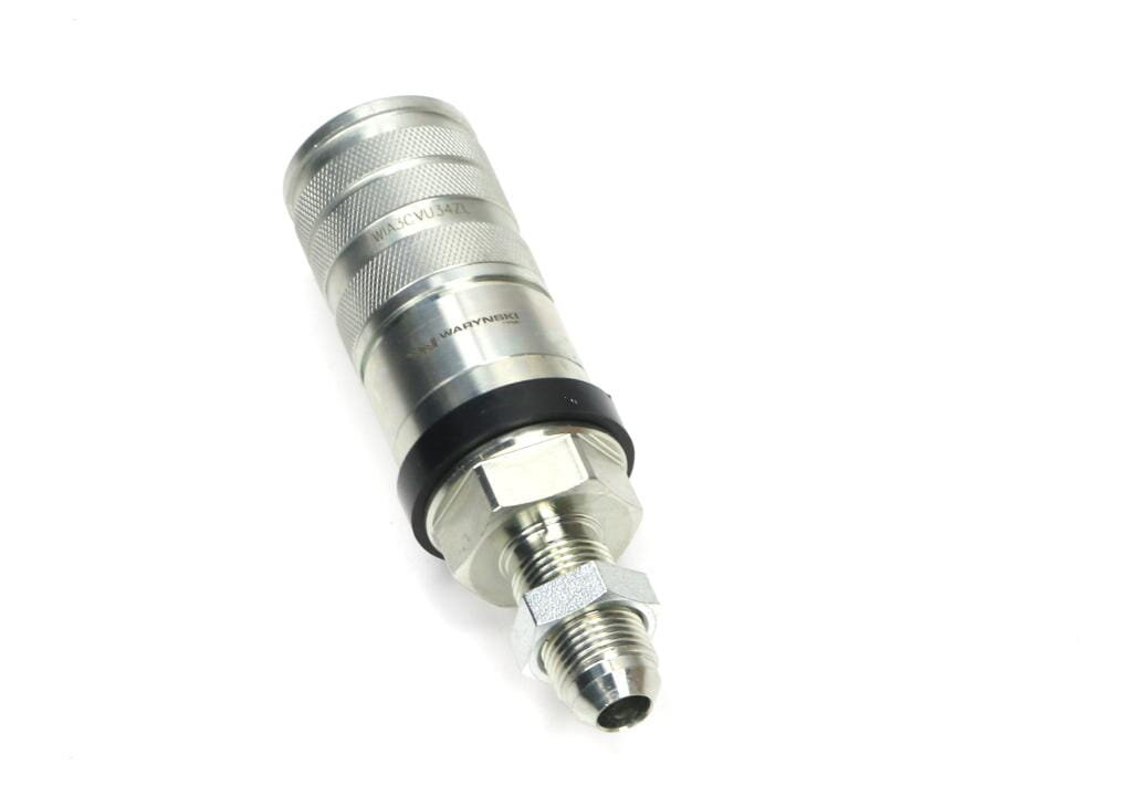 Na obrazie widoczne jest metalowe szybkozłącze hydrauliczne z gwintem zewnętrznym. Na powierzchni złącza znajduje się napis \'WARYŃSKI\'.
