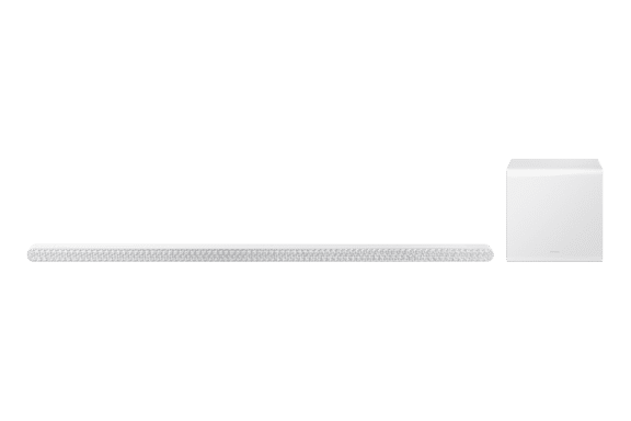 Na obrazie widoczny jest biały soundbar oraz biały subwoofer. Oba urządzenia mają minimalistyczny design.