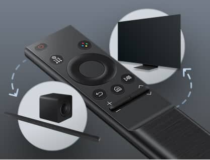 Na obrazie widoczny jest czarny pilot z kilkoma przyciskami, w tym przyciskiem z kolorowym symbolem. W tle znajdują się ikony przedstawiające telewizor i subwoofer, połączone strzałkami sugerującymi interakcję.