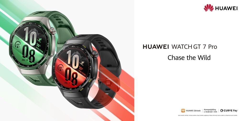Obraz przedstawia dwa smartwatche w kolorach zielonym i czarnym z wyświetlaczami pokazującymi godzinę 10:08. Po prawej stronie znajduje się tekst: \'HUAWEI WATCH GT 7 Pro Chase the Wild\' oraz logo HUAWEI.