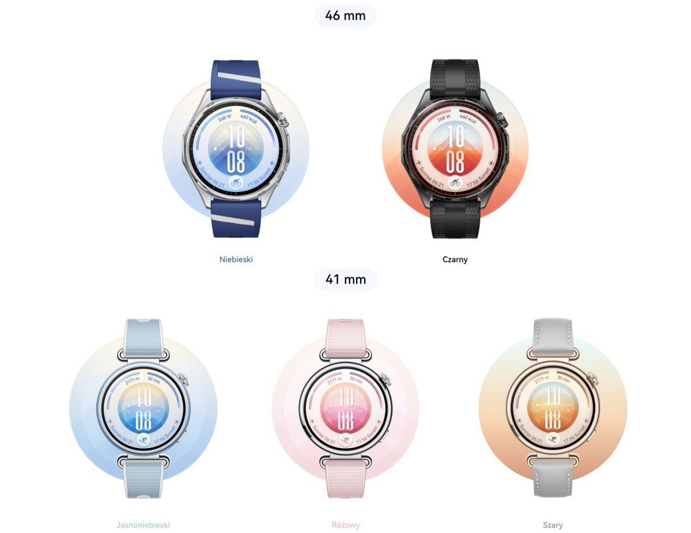 Obraz przedstawia pięć smartwatchy w różnych kolorach: niebieski, czarny, jasnoniebieski, różowy i szary. Każdy zegarek ma wyświetlacz z godziną 10:08 i różne rozmiary kopert: 46 mm i 41 mm.