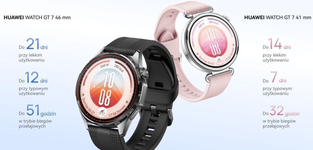 Obraz przedstawia dwa smartwatche HUAWEI Watch GT 7, jeden z czarnym paskiem i drugi z różowym paskiem. Obok zegarków znajdują się informacje o czasie pracy baterii w różnych trybach użytkowania.
