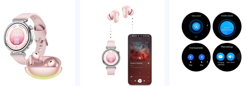 Obraz przedstawia różowy smartwatch z okrągłym wyświetlaczem oraz różowe słuchawki bezprzewodowe. Obok znajduje się smartfon z odtwarzaczem muzyki na ekranie oraz cztery okrągłe ikony z ustawieniami dźwięku i słuchawek.