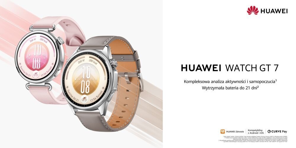 Dwa smartwatche z okrągłymi tarczami i różnymi paskami, jeden różowy, drugi szary. Obok widnieje tekst: \'HUAWEI WATCH GT 7 Kompleksowa analiza aktywności i samopoczucia Wytrzymała bateria do 21 dni\'.