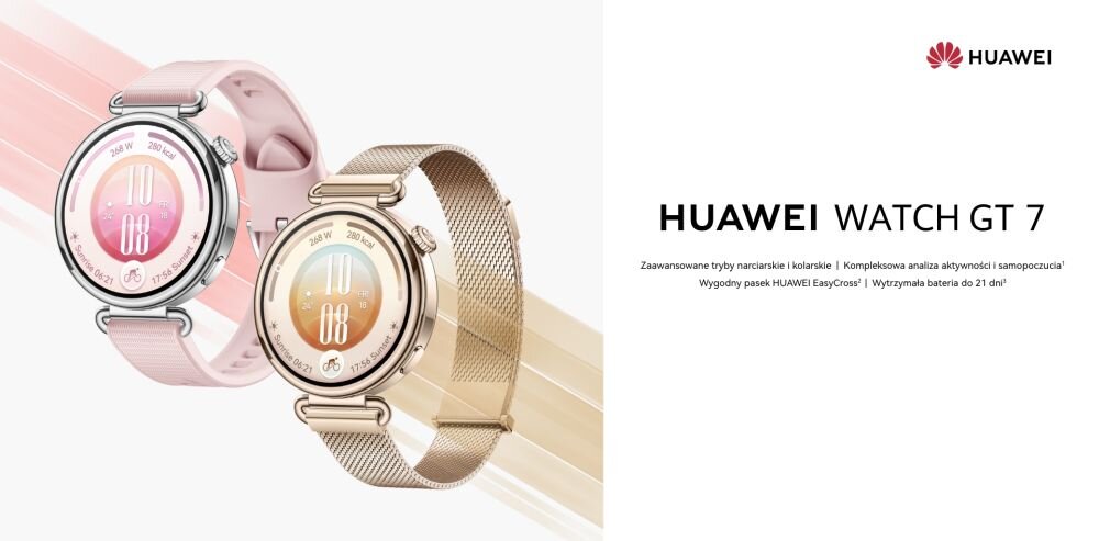 Dwa smartwatche z okrągłymi tarczami, jeden z różowym paskiem, drugi z metalowym, złotym paskiem. Obok widoczny jest tekst: \'HUAWEI WATCH GT 7 Zaawansowane tryby narciarskie i kolarskie | Kompleksowa analiza aktywności i samopoczucia | Wygodny pasek HUAWEI EasyCross | Wytrzymała bateria do 21 dni\'.