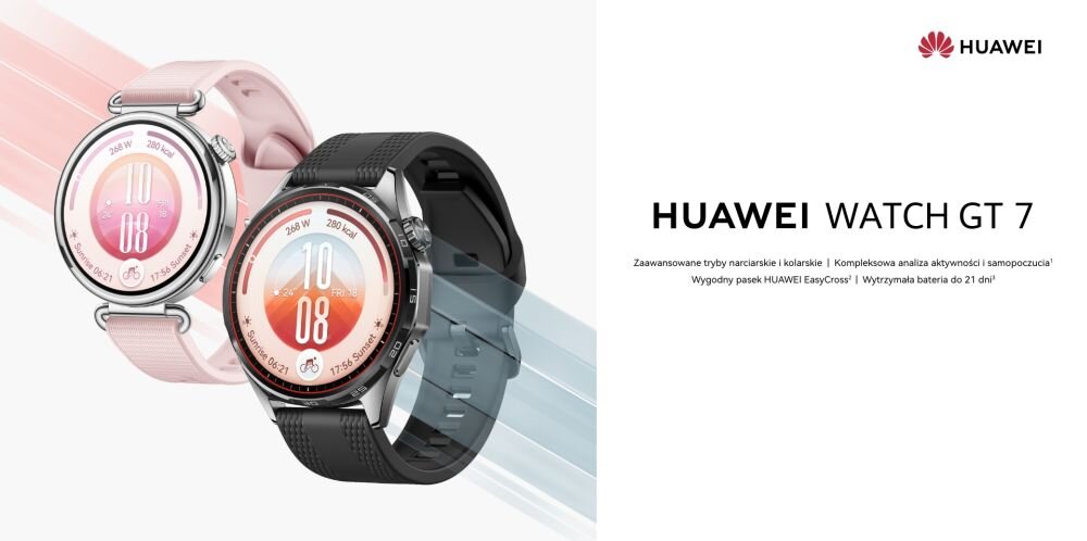 Dwa smartwatche z okrągłymi tarczami, jeden z różowym paskiem, drugi z czarnym. Obok widoczny tekst: \'HUAWEI WATCH GT 7 Zaawansowane tryby narciarskie i kolarskie | Kompleksowa analiza aktywności i samopoczucia* Wygodny pasek HUAWEI EasyCross* | Wytrzymała bateria do 21 dni\'.