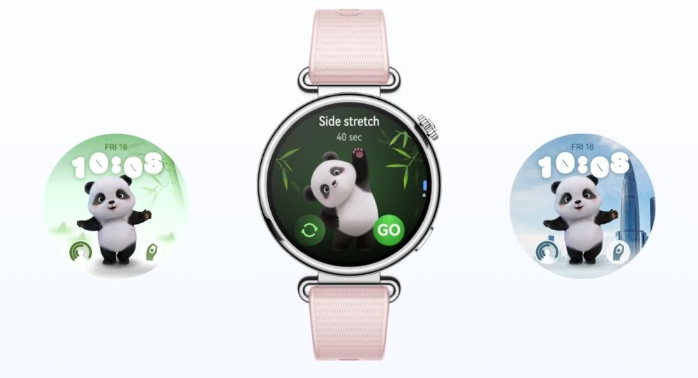 Na obrazie widoczny jest smartwatch z różowym paskiem, na którego ekranie wyświetla się animacja pandy z napisem \'Side stretch 40 sec\' oraz przyciskiem \'GO\'. Po bokach zegarka znajdują się dwa okrągłe obrazy z pandą i cyfrowym zegarem pokazującym godzinę 10:08 oraz datę \'FRI 18\'.