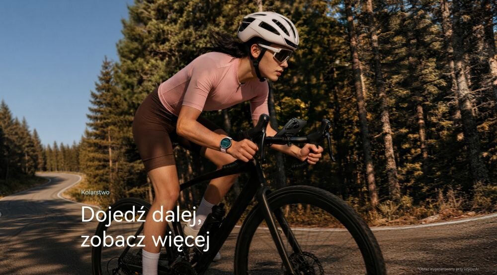 Osoba na rowerze jedzie po asfaltowej drodze otoczonej drzewami, nosząc kask i okulary przeciwsłoneczne. Na obrazie widoczny jest tekst: \'Kolarstwo Dojedź dalej, zobacz więcej\'.