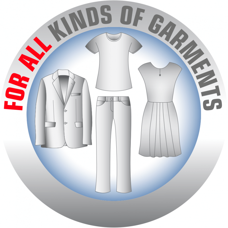Grafika przedstawia ilustracje różnych ubrań: marynarki, koszulki, spodni i sukienki, z napisem \'FOR ALL KINDS OF GARMENTS\'.